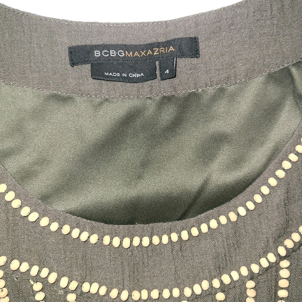 BCBG MaxAzria Wooden Beaded Sleeveless Dress Olive Green Boho Sz 4 - Picture 4 of 6